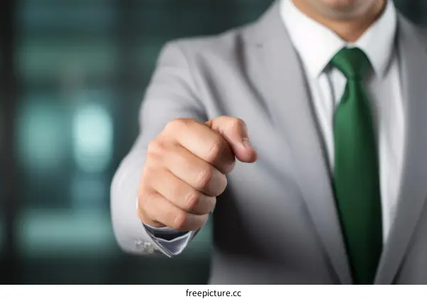Businessman in suit pointing at camera with clenched fist