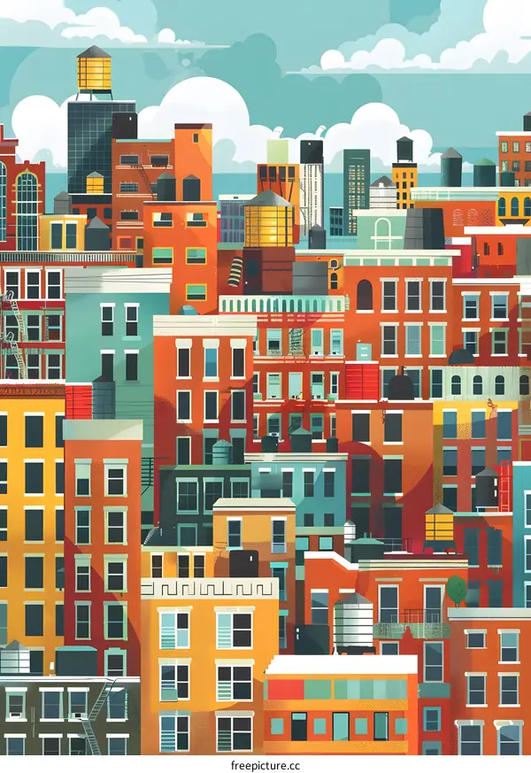 Colorful Illustration of Cityscape with Buildings and Water Towers