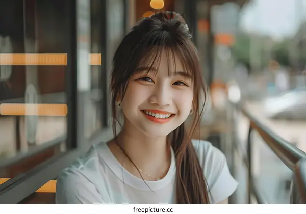 Smiling Asian Woman With Long Hair In A White Shirt