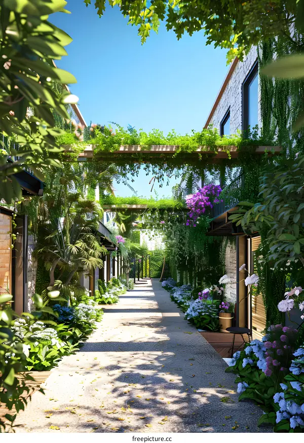 Stone Wall Pathway With Greenery And Flowers