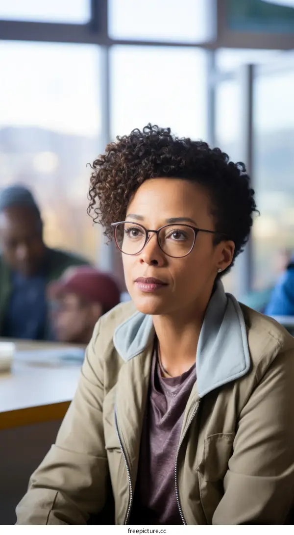 A young woman of African descent is sitting in a classroom. She is wearing a brown jacket and glasses and has her hair in a curly afro.