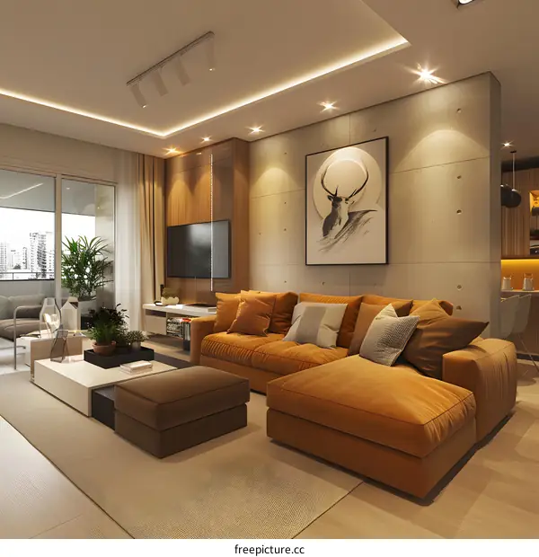 Modern living room with large comfortable couch