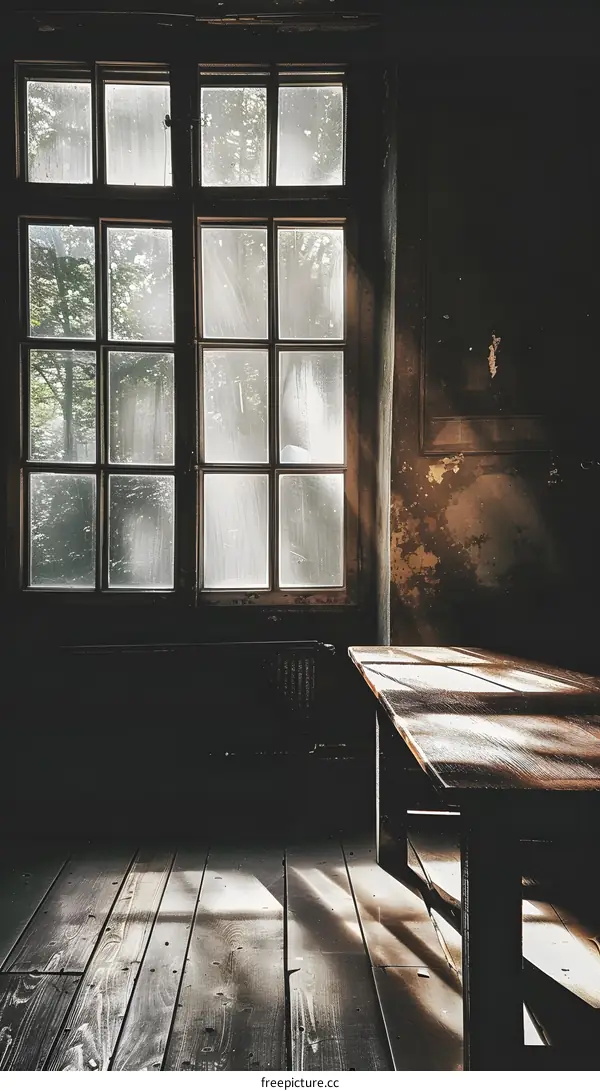 Sunlight Through Old Window and Wooden Table