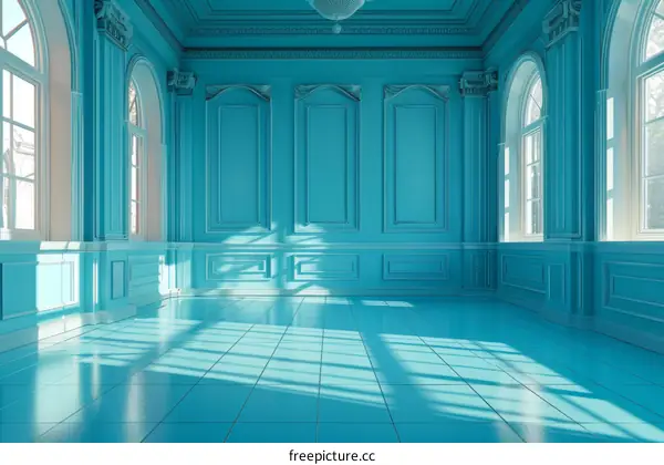 A tranquil and spacious blue room bathed in soft light