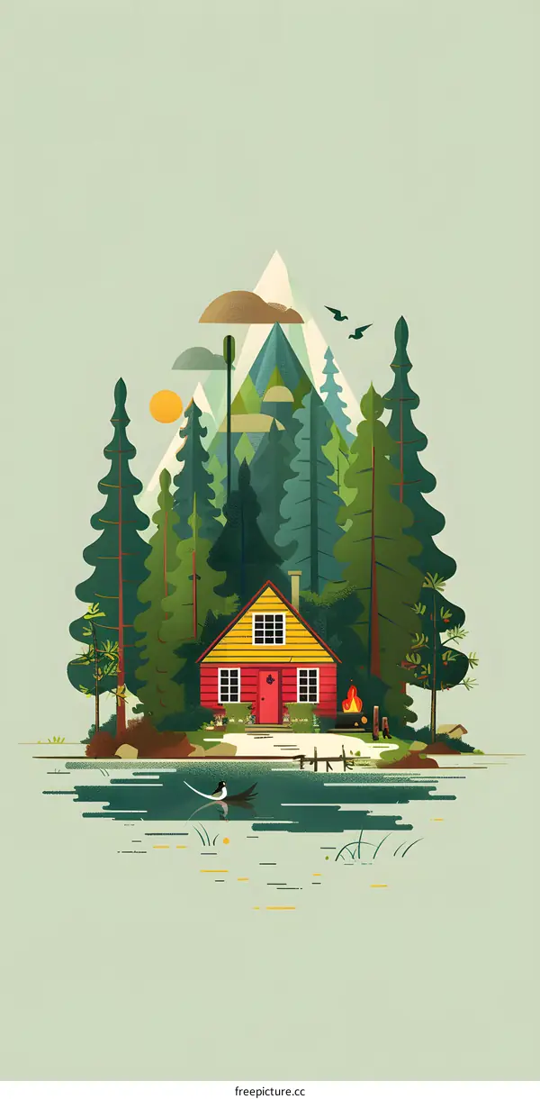 Cabin in the Woods Illustration with Mountains and a Lake