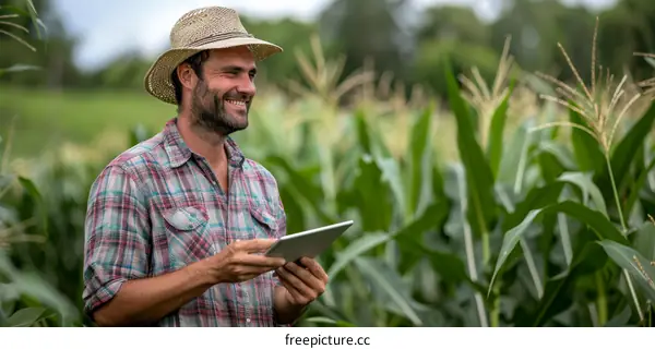 A farmer is using a tablet in a corn field