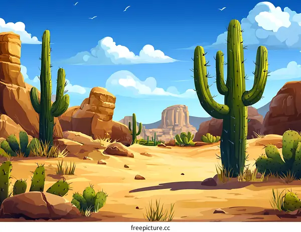 Desert Landscape With Cacti and Rocks