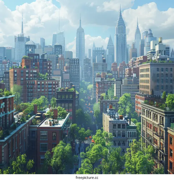 New York City Skyline with Lush Green Trees and Buildings