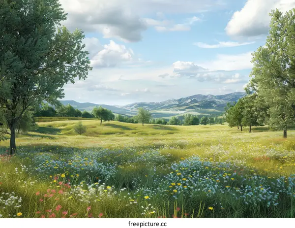 Green Rolling Hills with Wildflowers and Trees Under a Blue Sky