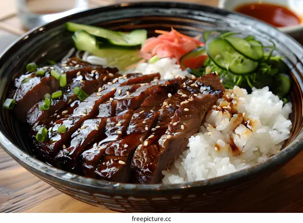 Teriyaki Beef Bowl With Rice And Cucumber