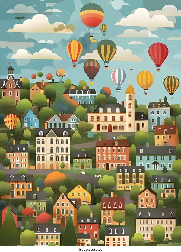 Colorful Hot Air Balloons Over a Town