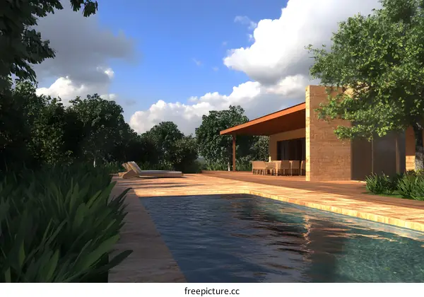 Modern House with Pool and Patio in a Lush Garden Setting