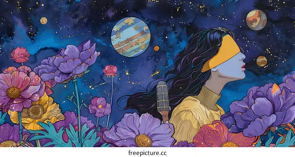 A woman with a blindfold standing in a field of flowers with planets in the background