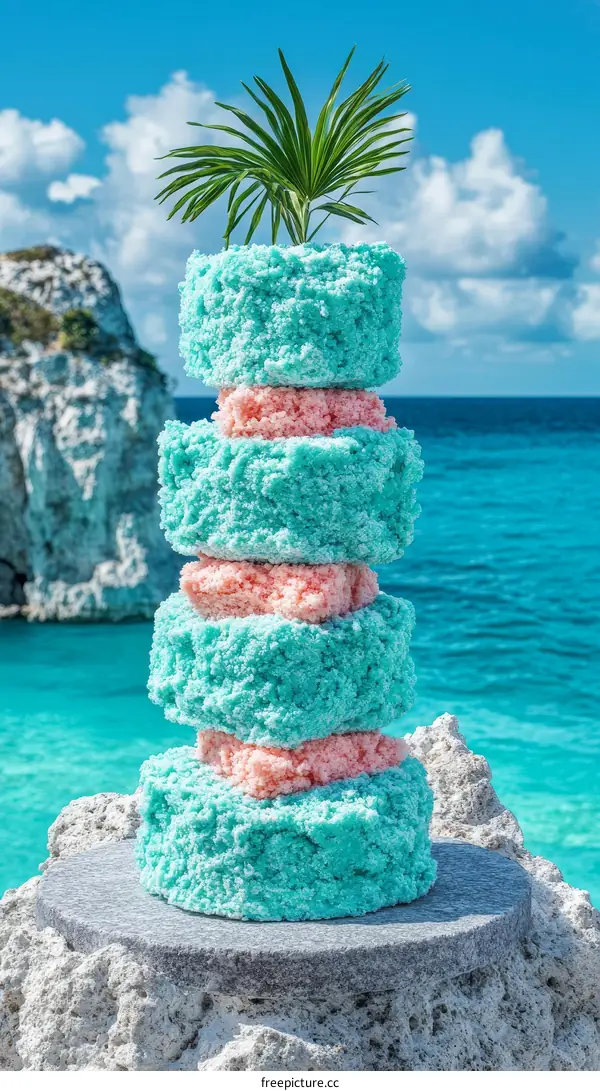 Colorful Candy Stacked on Rocks by the Sea