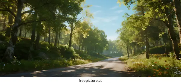 A peaceful country road surrounded by lush green trees under a clear blue sky