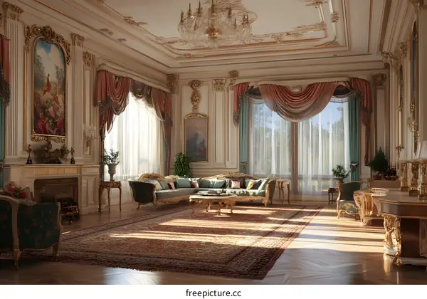 Luxury Living Room with Large Windows and Gold Accents