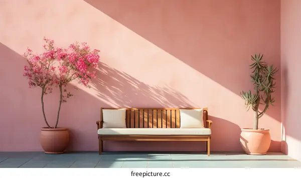 A wooden bench sits in front of a pink wall with a potted tree on either side.