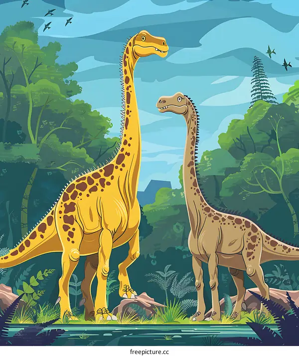 Two Dinosaurs Standing in a Forest