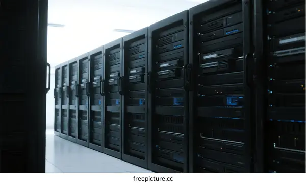 Rows of black server racks in a modern data center