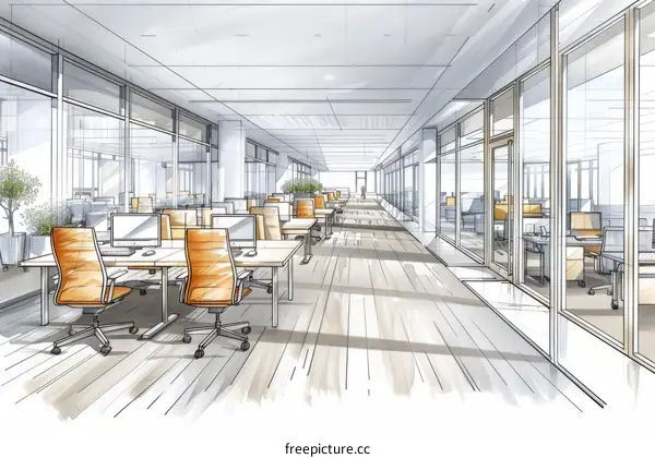 Office Interior Perspective Sketch: Modern Workspace Design