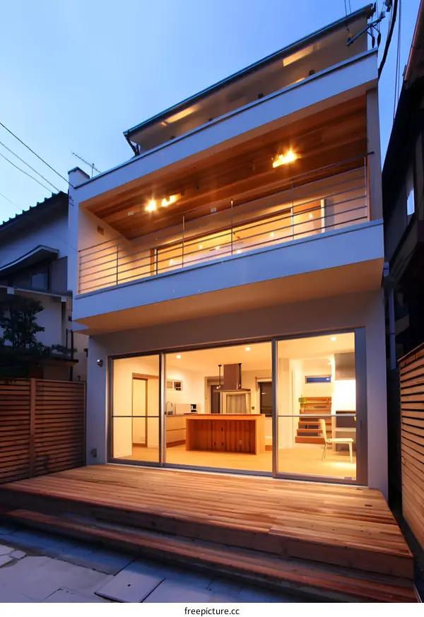 Modern Minimalist Home with Wooden Deck and Balcony