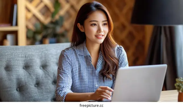 Asian Woman Working on Laptop in Cafe