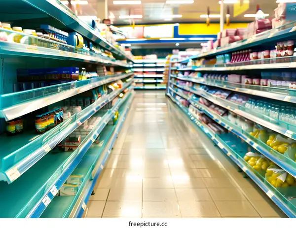 Empty Supermarket Aisle With Shelves Filled With Products