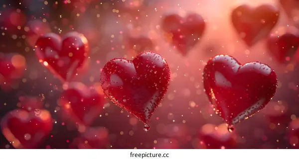 Red heart-shaped balloons floating in the air with a pink background.