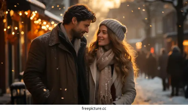 A couple is walking down a snowy street