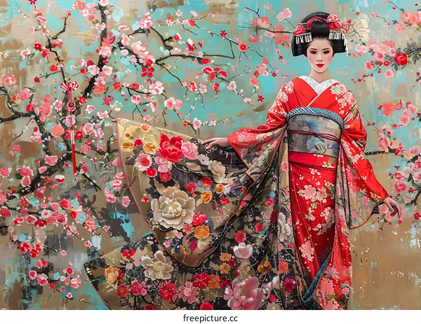 An Asian woman wearing a red kimono with floral patterns standing in a cherry blossom forest