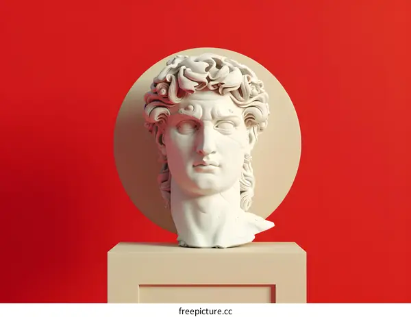 White Marble Bust of Man with Red Background