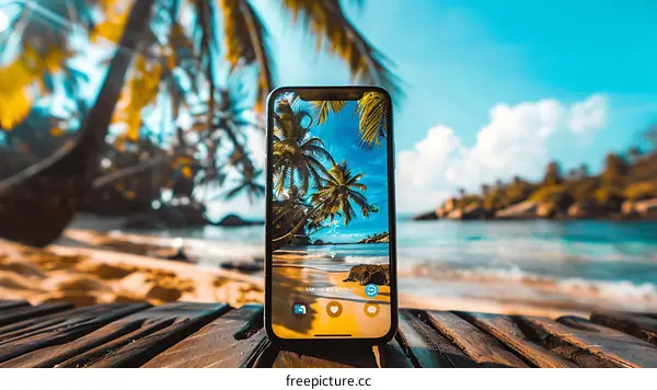 Smartphone On A Wooden Deck With Beach Background