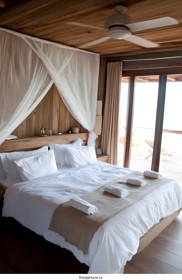 Wooden Ceiling Bedroom With White Bedding and Canopy