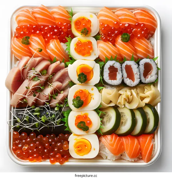 A delicious and healthy Japanese meal with a variety of fresh fish, roe, and vegetables
