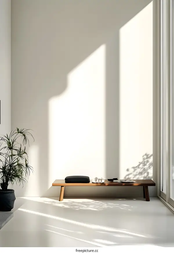 Minimalist Interior Design with Wooden Bench and Sunbeams