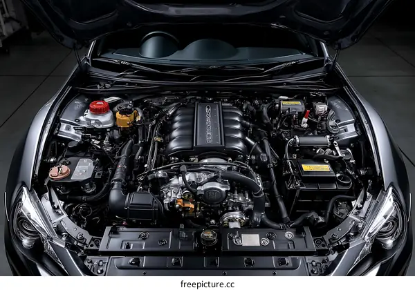 Close-up view of a sports car engine bay