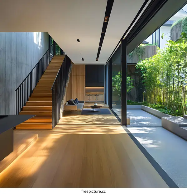 Modern Minimalist Interior Design with Wooden Staircase and  Outdoor Garden View