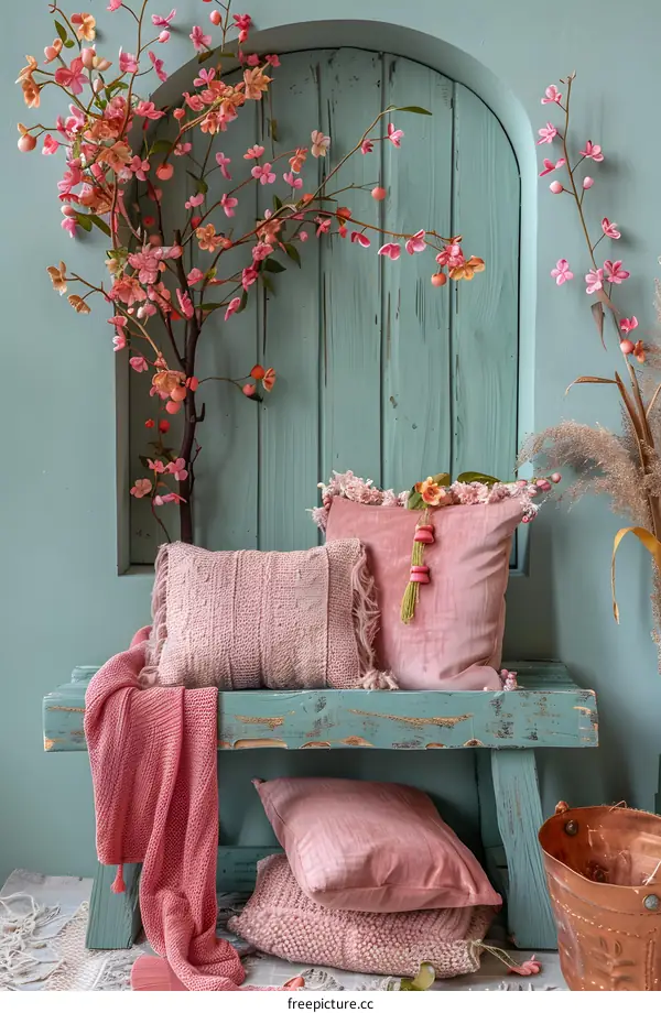 Pink Cushions and Blanket on Wooden Bench with Flowers in Background
