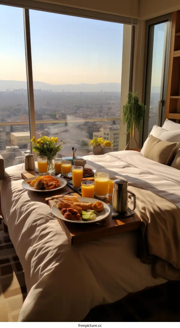 A delicious breakfast in a luxury hotel with a view of the city