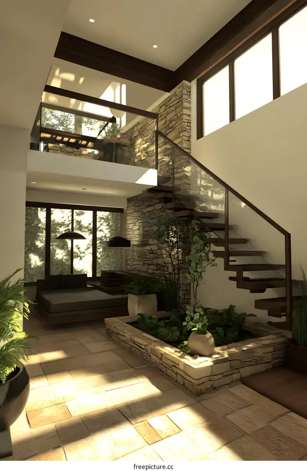 Modern Home Interior Design with Stone Wall and Wooden Stairs