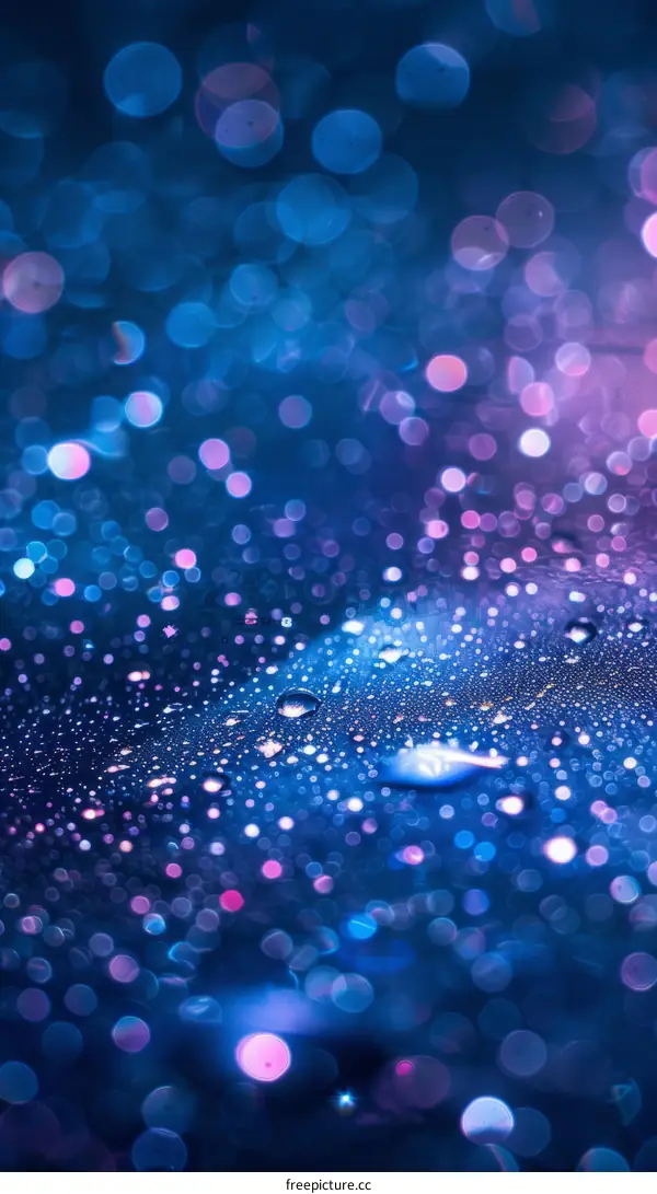 Raindrops on a blue surface with purple and pink highlights