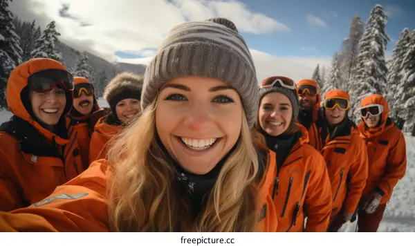 A group of friends skiing down a snowy slope