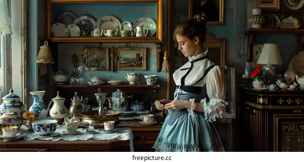 A pensive young woman stands in a room full of antique porcelain.