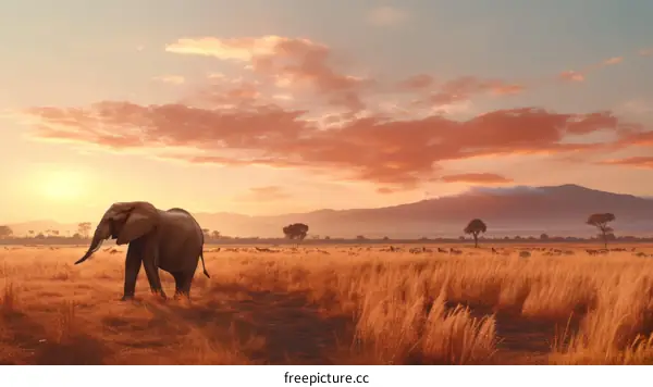 Elephant walking alone in tall grass savanna at sunset with golden light