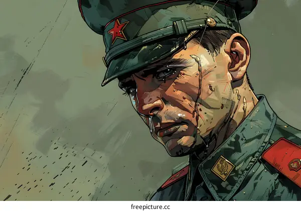 Soviet Soldier in Military Uniform with Red Star on Cap