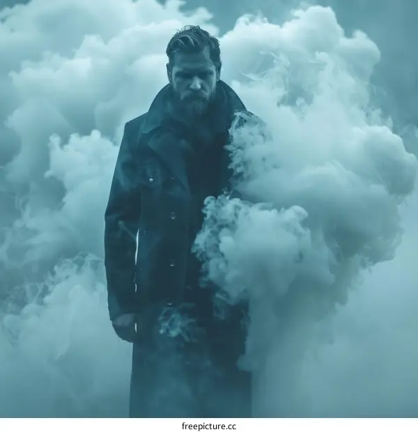 Bearded man in a black coat standing in the middle of a white cloud