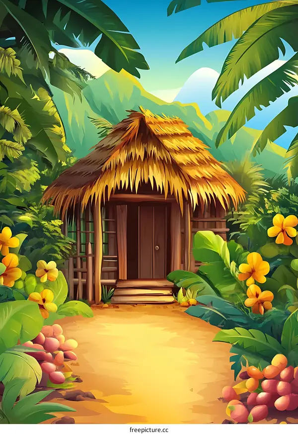 Tropical Hut Jungle Landscape Illustration