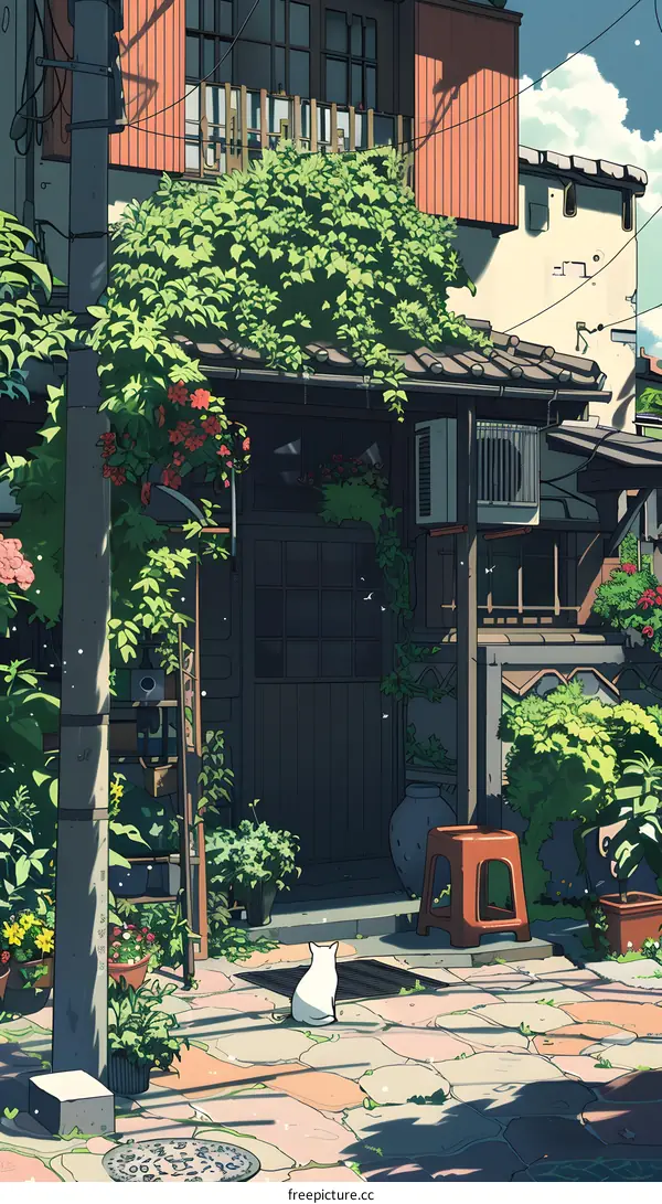 Cat Sitting Outside Japanese Home Illustration