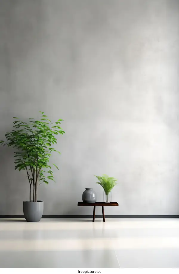 Minimalist Interior with Plants and a Bench