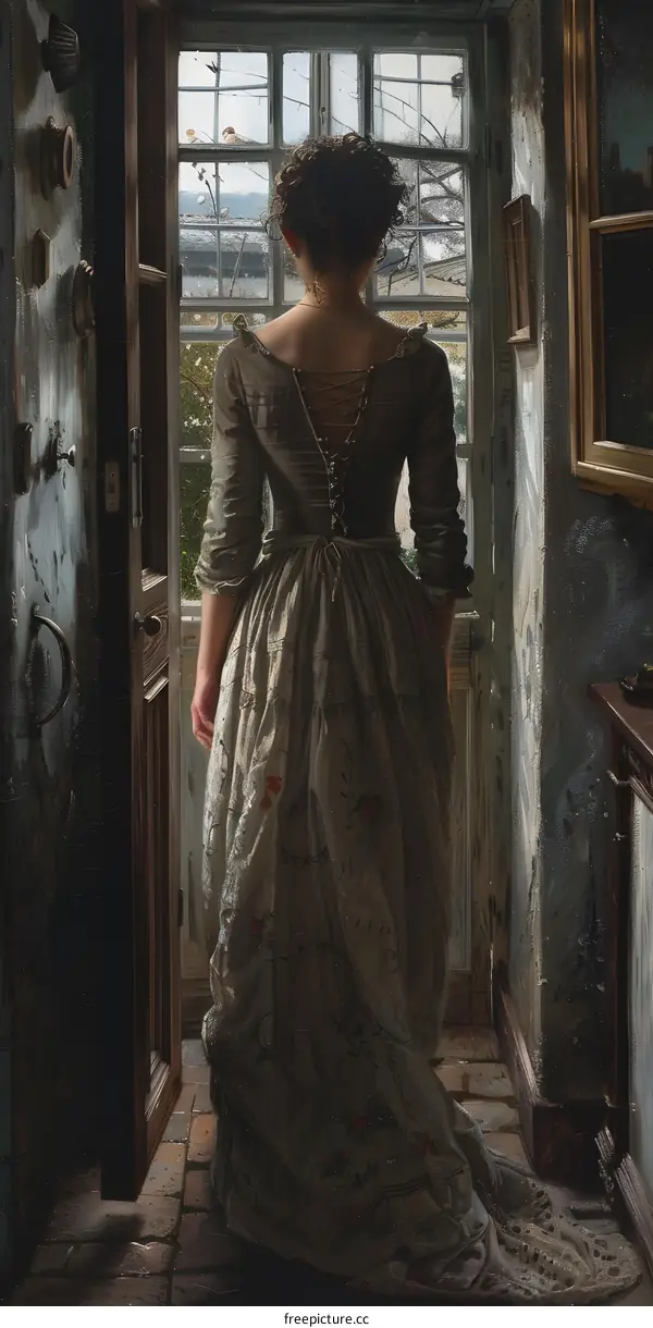 A woman in a long dress is standing in front of a door.